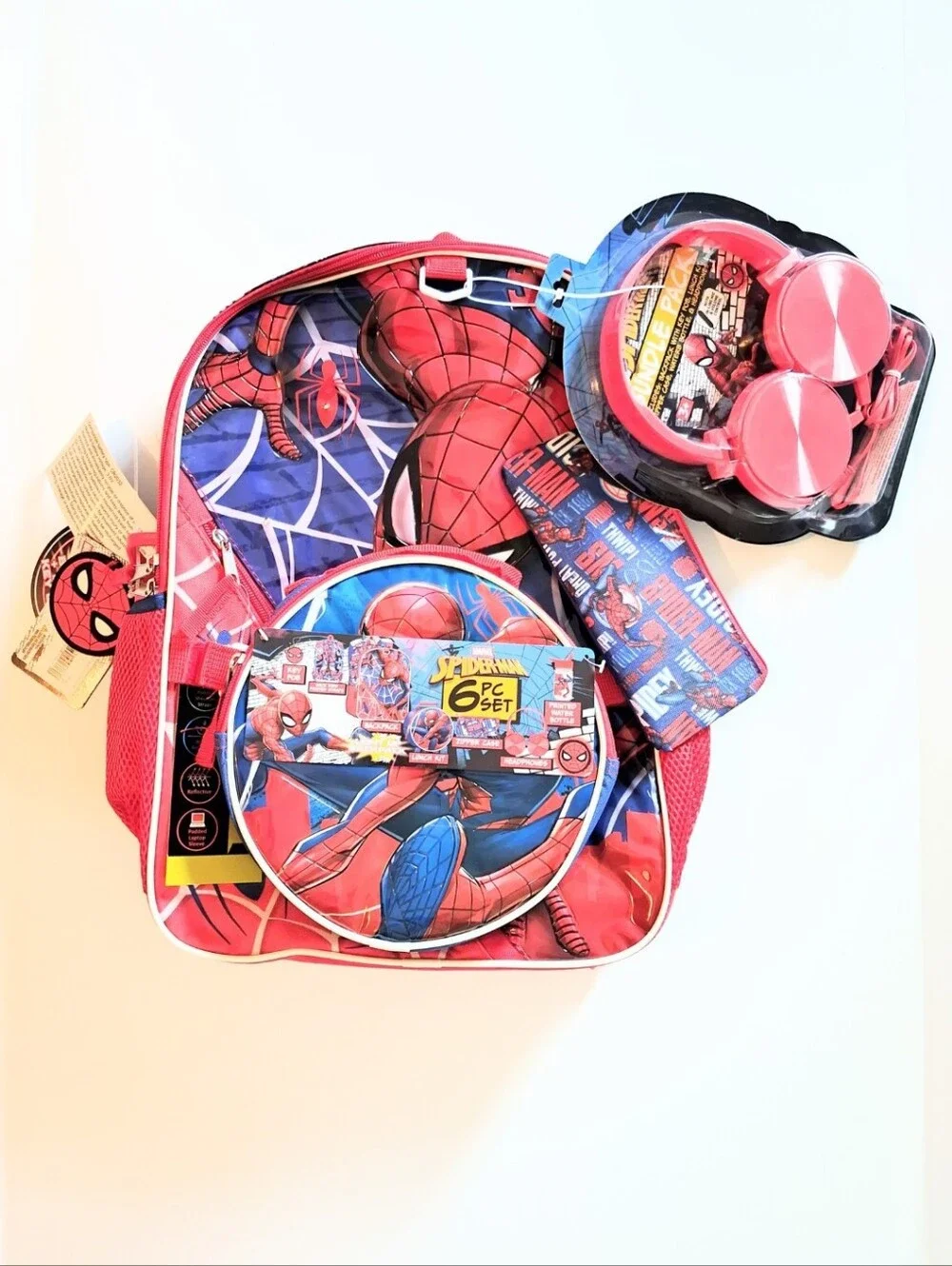 NWT Marvel Spider-Man Light Up Backpack 6 Piece Set Boy's Headphones Lunch Bag